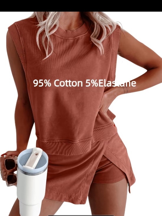 Dresses & Skirts - Women’s Cotton Tank Top & Skort Set - Brick Red - XS/S